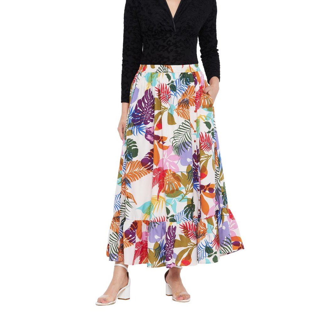 Tropical Leaf Print Multicolor Micro Poly Skirt for Women - Picture 2 of 7